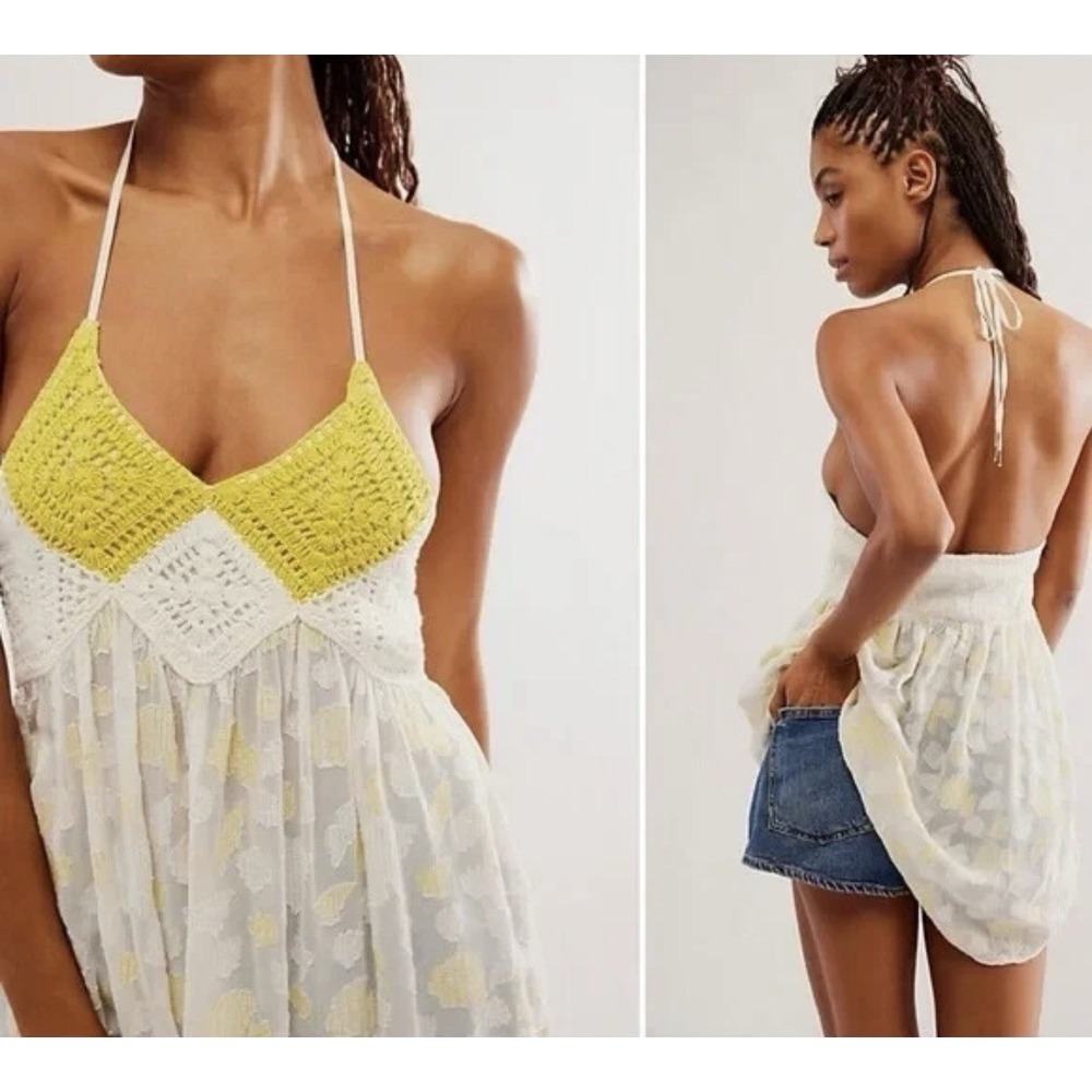 Free People Womens White Yellowbell Crochet Smocked Empire Halter Tunic Top S